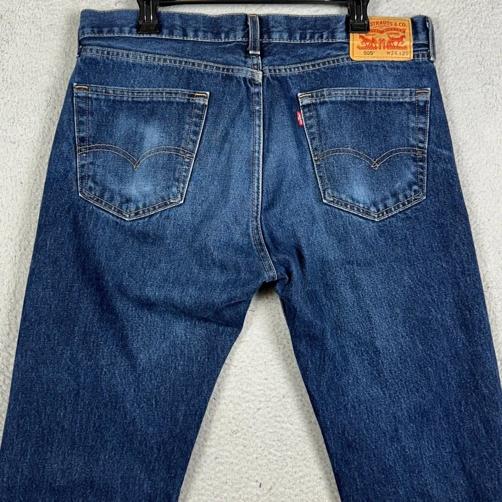 Levis 505 Jeans Mens 34X29 Blue Straight Leg Distressed Dark Wash 5 Pocket Denim